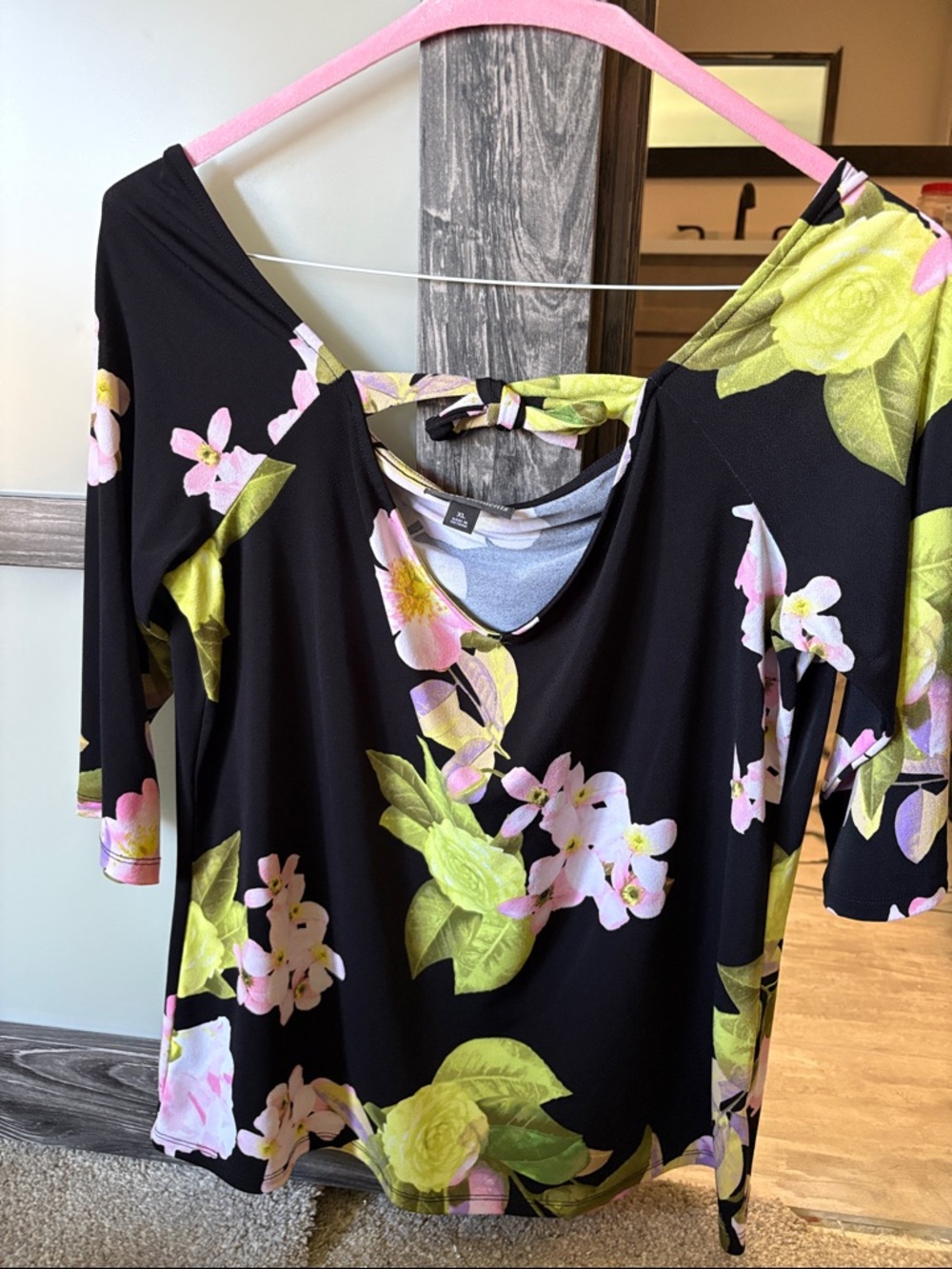 BOLD elements Black Floral Tie-Back Blouse with Pink & Lime Green Blossoms